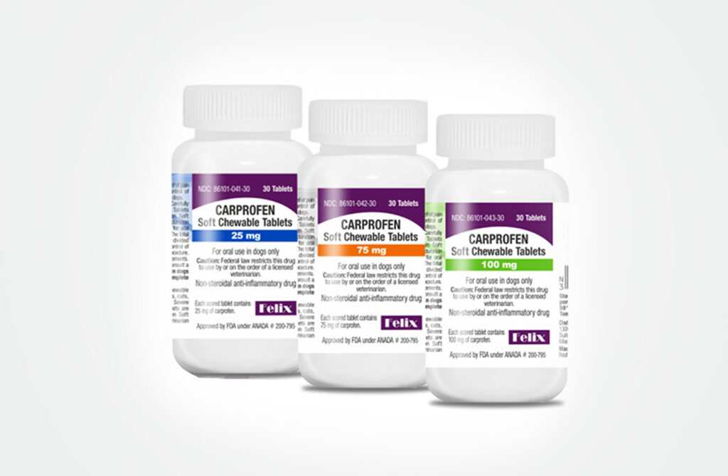 Three white bottles of Carprofen Soft Chewable Tablets for dogs, showing 25 mg, 75 mg and 100 mg dosage strengths.