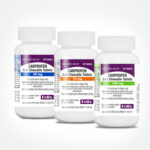 Three white bottles of Carprofen Soft Chewable Tablets for dogs, showing 25 mg, 75 mg and 100 mg dosage strengths.