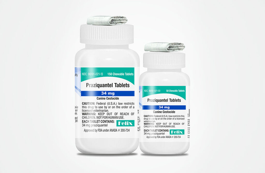 A 150-count bottle of Praziquantel 34 mg chewable tables next to a 50-count bottle of Praziquantel 34 mg chewable tablets for dogs.