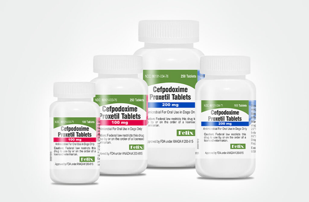 Four bottles of Cefpodoxime Proxetil Tablets for dogs, showing 100 mg and 200 mg dosages in different quantities.