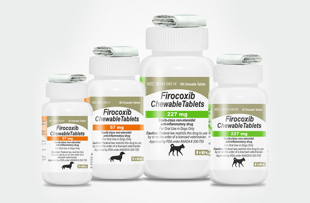 Four bottles of Firocoxib Chewable Tablets for dogs in 57 mg and 227 mg dosages.
