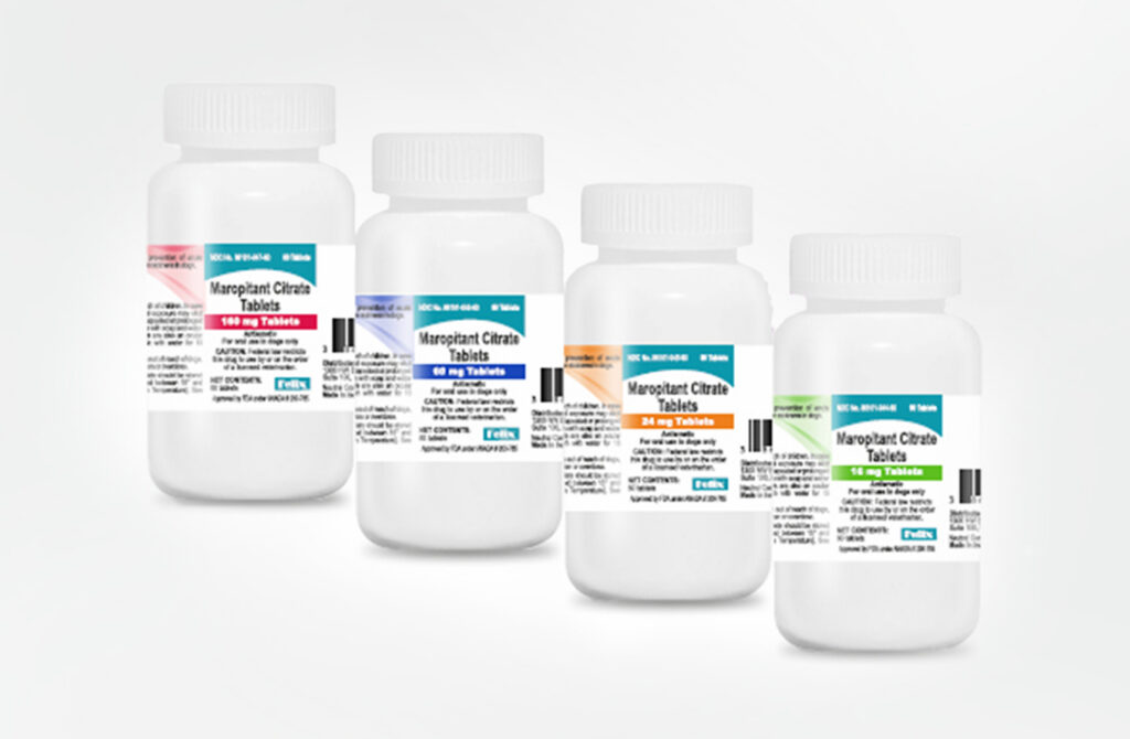 Four bottles of Maropitant Citrate Tablets for dogs showing dosages of 16 mg, 24 mg, 60 mg and 160 mg.