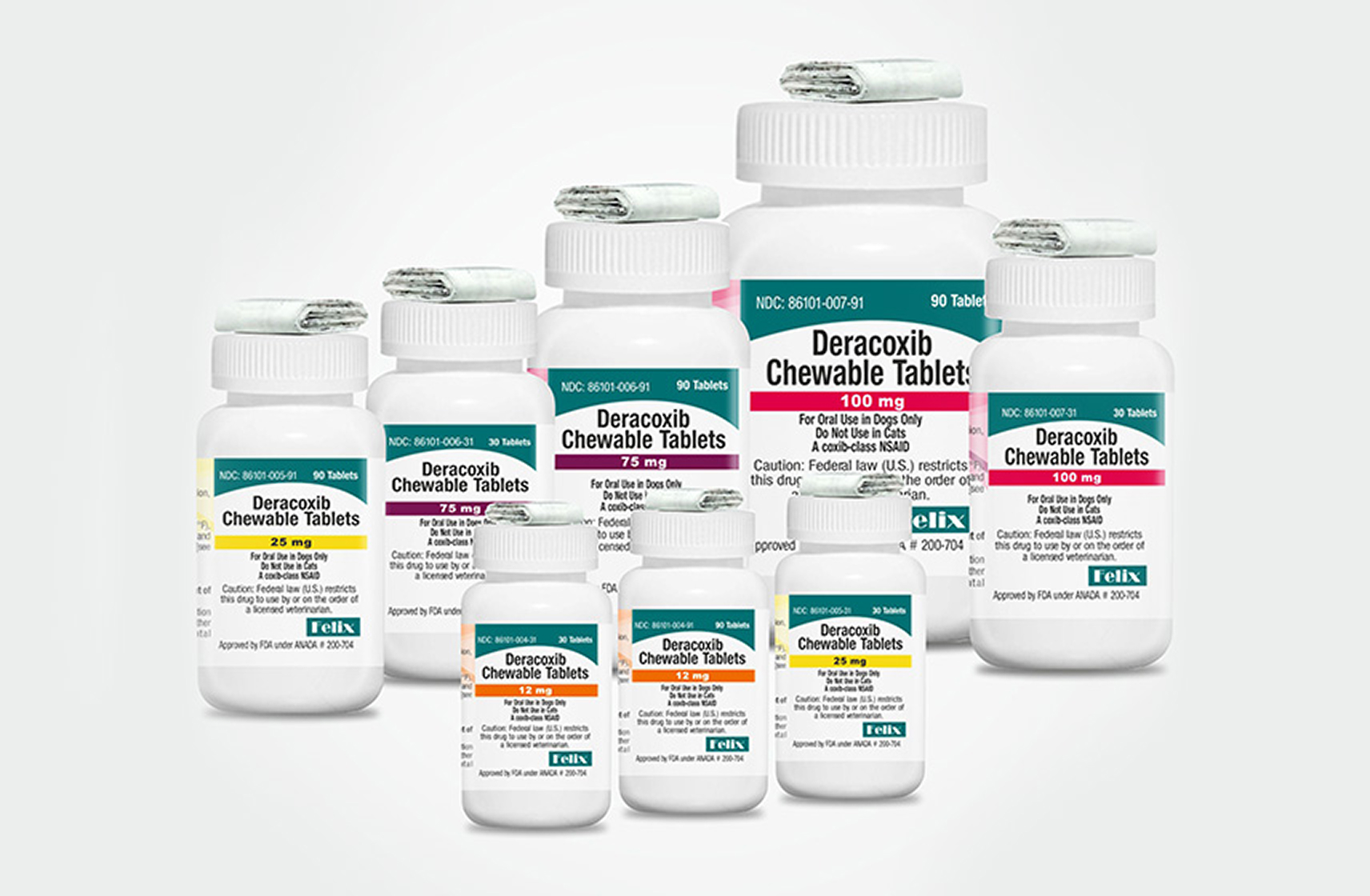A group of white bottles of Deracoxib Chewable Tablets for dogs, showing dosages of 12 mg, 25 mg, 75 mg and 100 mg.