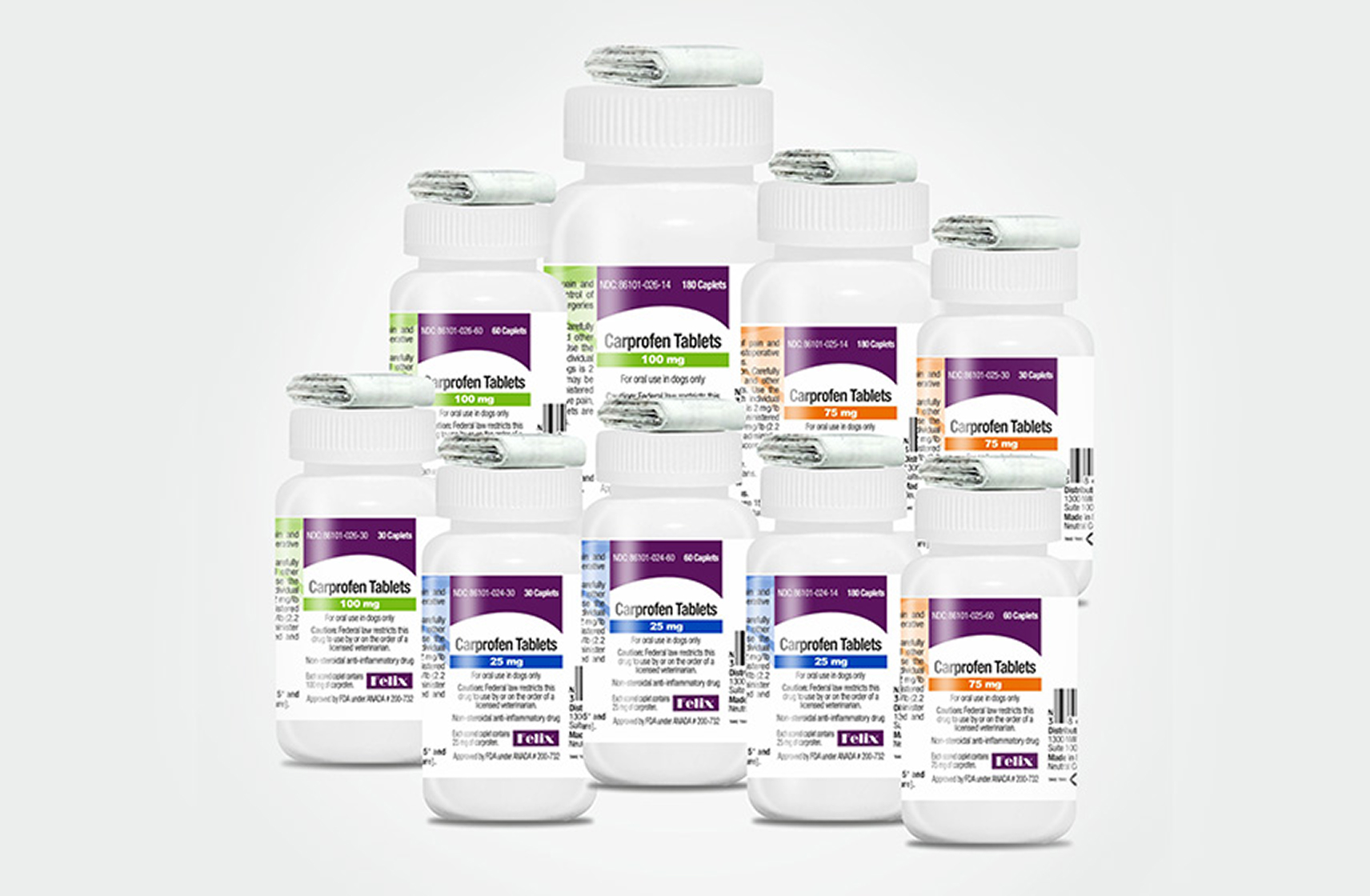 Nine white bottles of Carprofen Tablets for dogs, showing 75 mg and 100 mg dosage strengths.