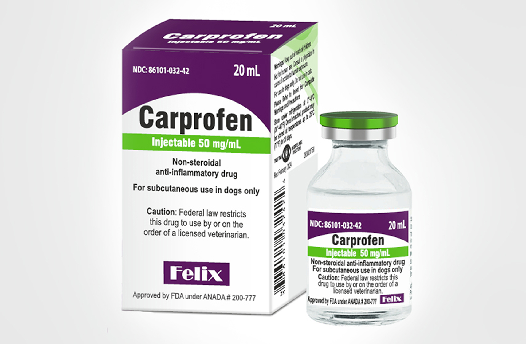 A product box and vial for Carprofen Injectable 50 mg/mL for dogs.