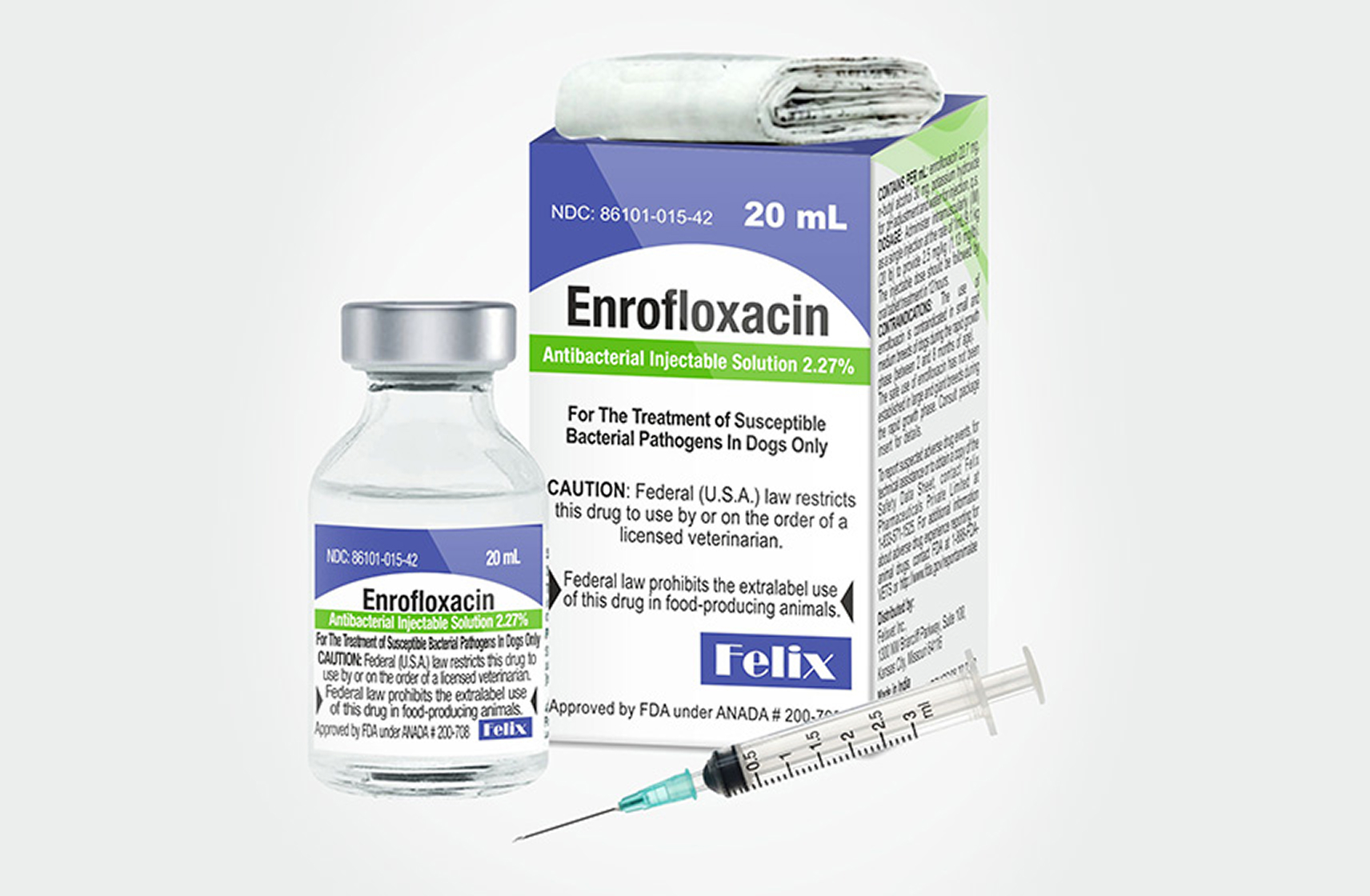 A product box, vial and syringe for Enrofloxacin Antibacterial Injectable Solution 2.27% for dogs.