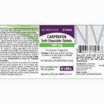 A product label for Carprofen Soft Chewlable Tablets, showing a 100 mg dosage, warnings and indications for oral use in dogs only.