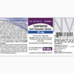 A product label for Carprofen Soft Chewlable Tablets, showing a 25 mg dosage, warnings and indications for oral use in dogs only.
