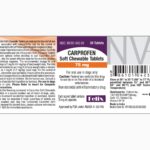 A product label for Carprofen Soft Chewlable Tablets, showing a 75 mg dosage, warnings and indications for oral use in dogs only.
