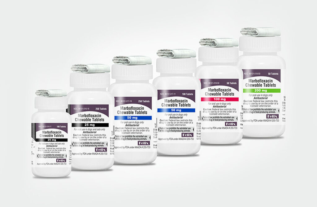 Six white bottles of Marbofloxacin Chewable Tablets for dogs and cats, showing different dosages from 25 mg to 200 mg.