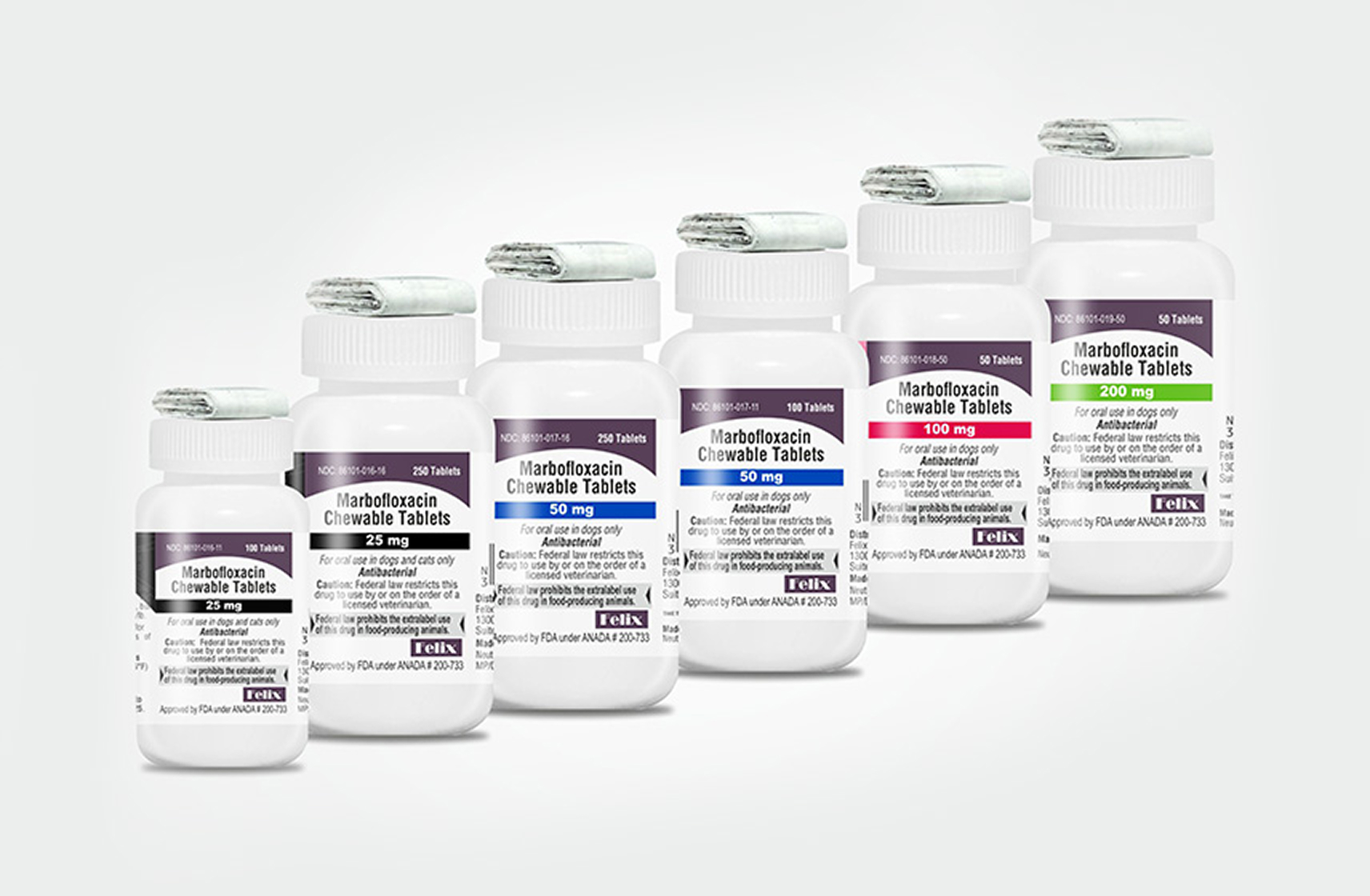 Six white bottles of Marbofloxacin Chewable Tablets for dogs and cats, showing different dosages from 25 mg to 200 mg.