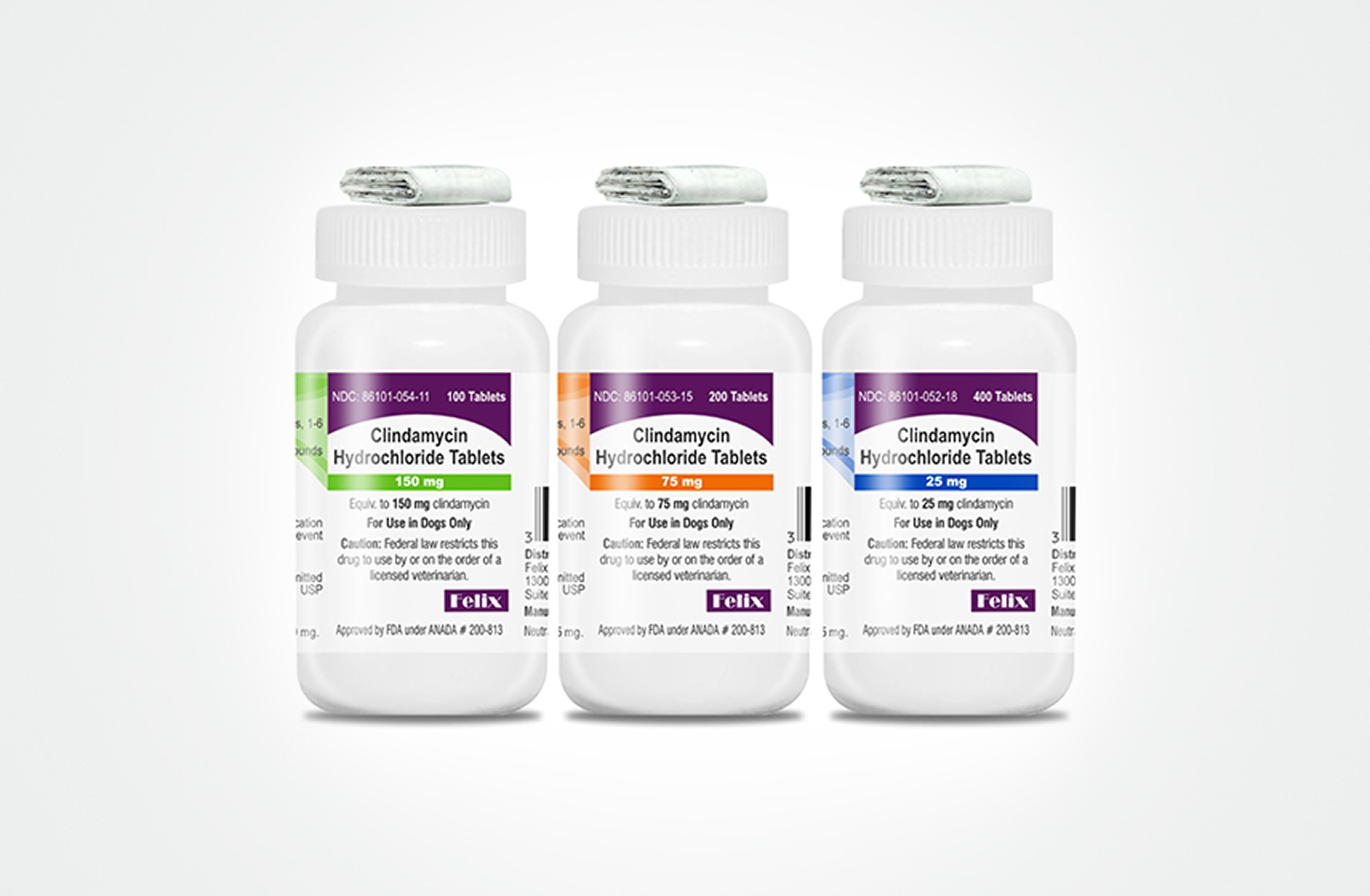 Three white bottles of Clindamycin Hydrochloride Tablets for Dogs, showing 150 mg, 75 mg, and 25 mg dosages.
