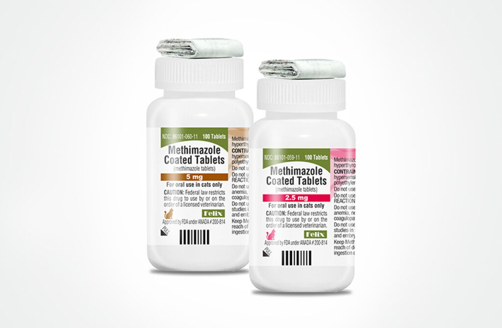 Two white bottles of Methimazole Coated Tablets for cats, showing 5 mg and 2.5 mg dosages.