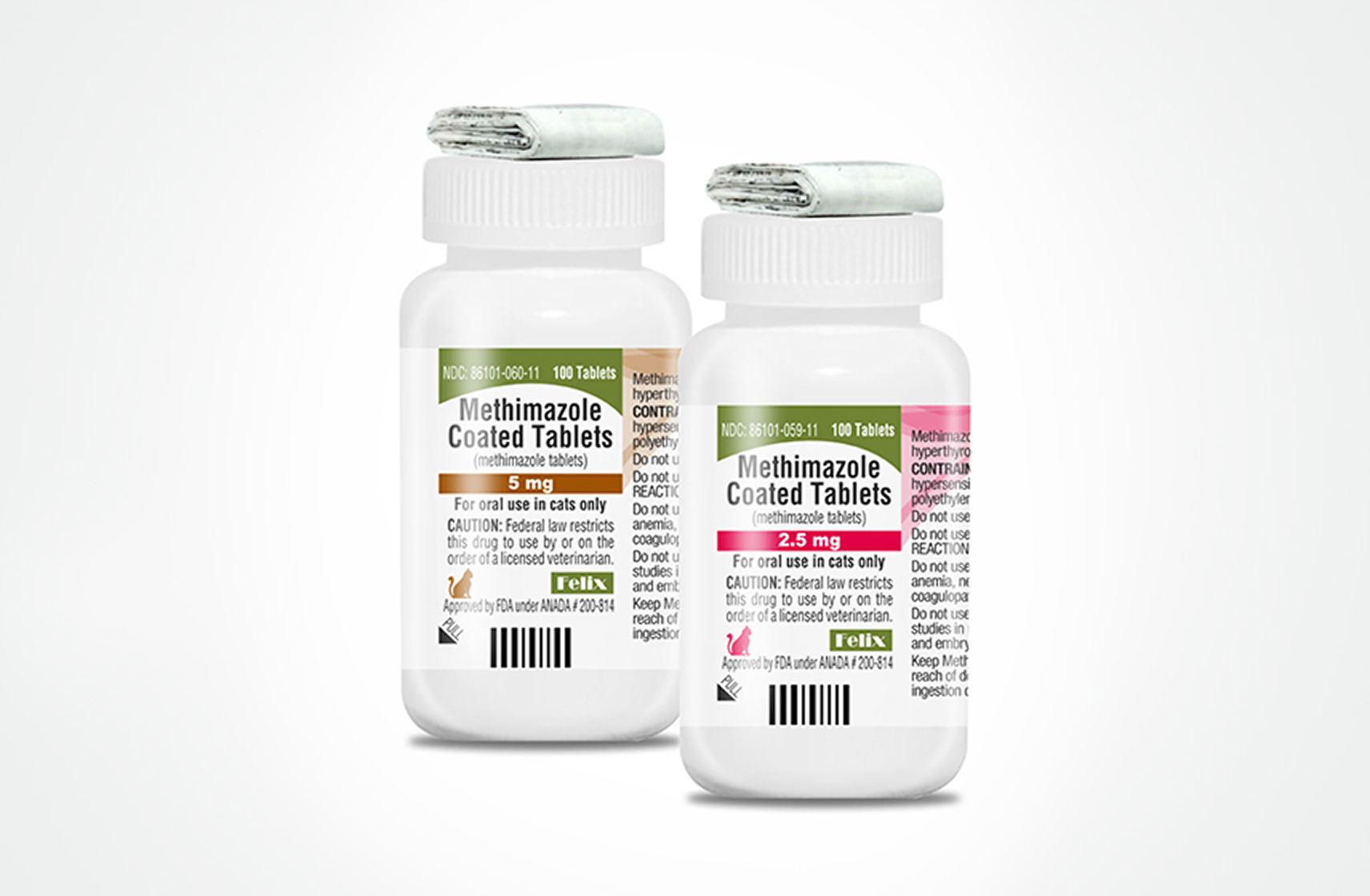 Two white bottles of Methimazole Coated Tablets for cats, showing 5 mg and 2.5 mg dosages.