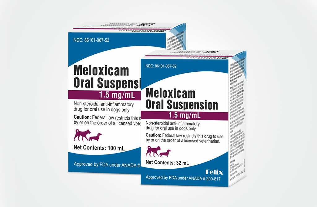 Two Felix Meloxicam Oral Suspension box sizes (100 mL and 32 mL) for dogs, featuring blue and white branding.