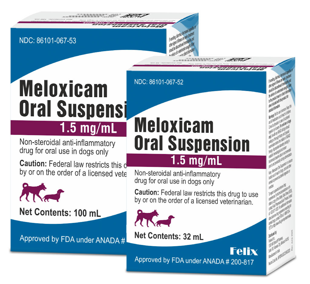 Two Felix Meloxicam Oral Suspension box sizes (100 mL and 32 mL) for dogs, featuring blue and white branding.