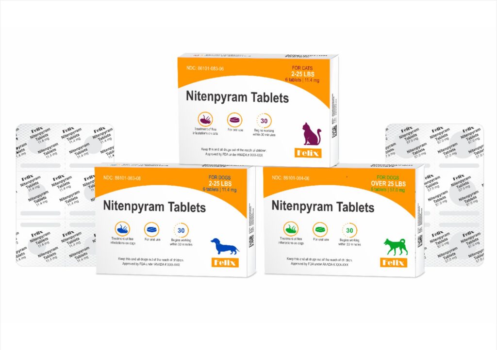 Three orange and white boxes and two blister packets of Nitenpyram tablets (New World Screwworm treatment) from Felixvet.