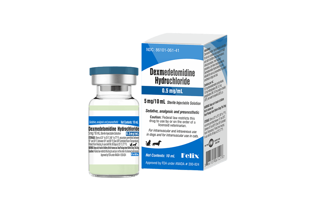 A 10 mL glass vial and matching blue-and-white display box for Dexmedetomidine Hydrochloride sterile injectable solution.