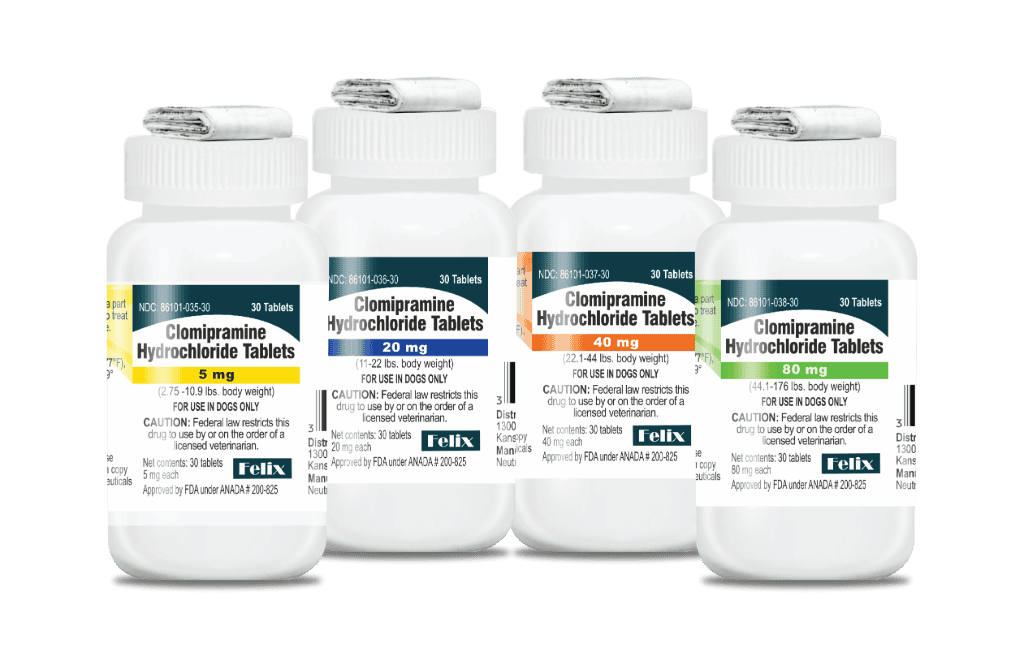 Four white bottles of Clomipramine Hydrochloride Tablets for dogs, lined up to show different dosage strengths of 5 mg, 20 mg, 40 mg and 80 mg.