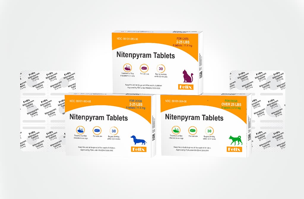 Three orange and white boxes and two blister packets of Nitenpyram tablets (New World screwworm treatment) from Felixvet.