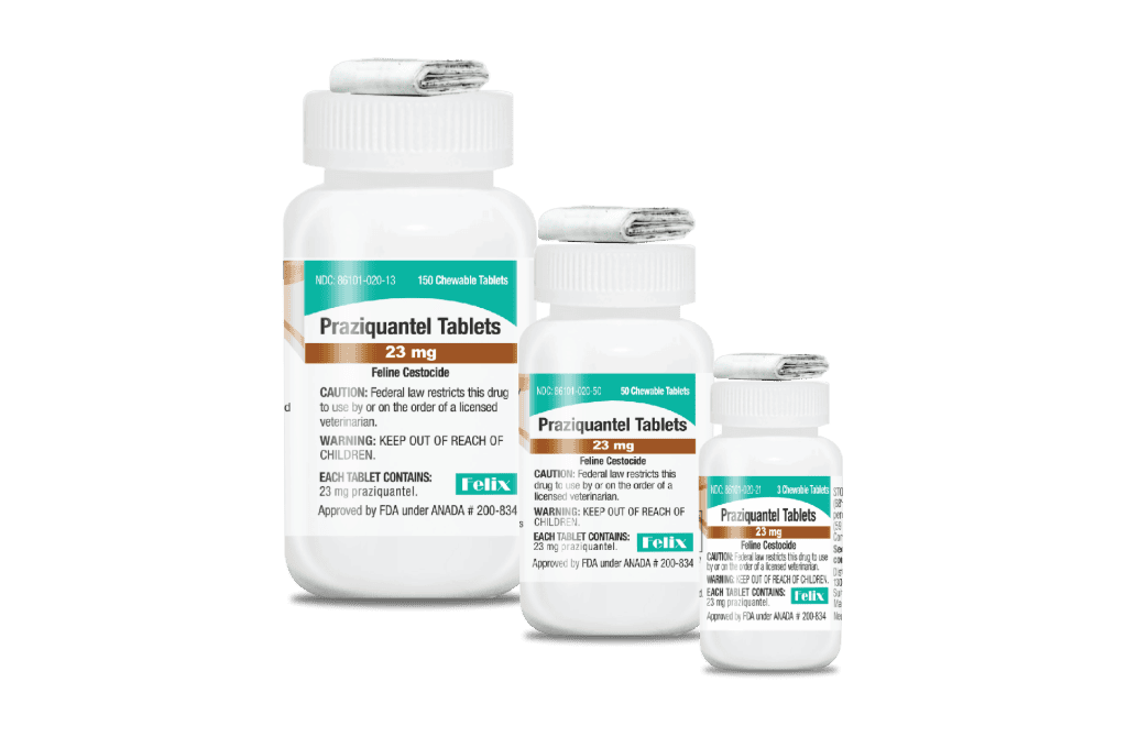 Three white plastic bottles of Praziquantel Tablets for cats, shown in decreasing sizes containing 150, 50 and 3 chewable tablets.