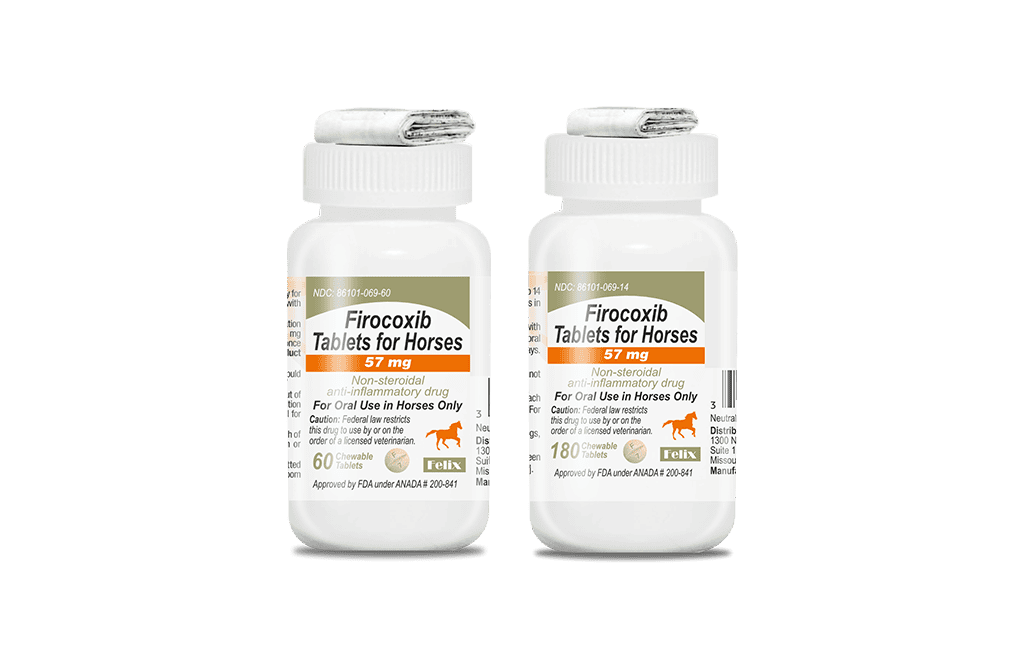 Two white plastic bottles of Firocoxib Tablets for Horses shown in 60-count and 180-count size bottles.