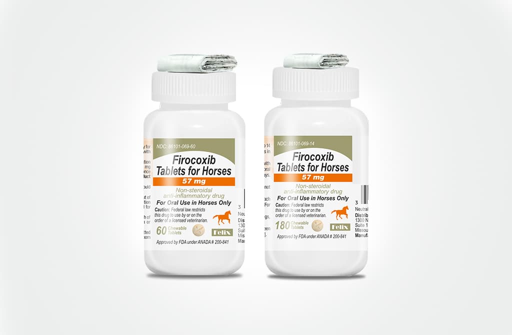 Two white plastic bottles of Firocoxib Tablets for Horses shown in 60-count and 180-count size bottles.