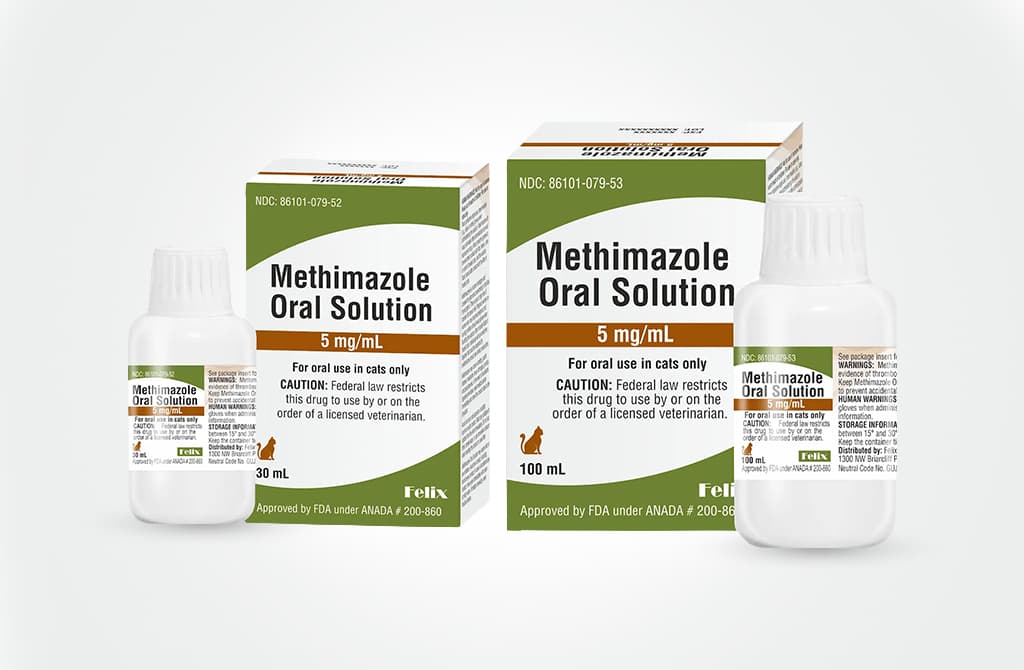 Two boxes and two bottles of Methimazole Oral Solution 5 mg/mL for cats, showing 30 mL and 100 mL bottles.
