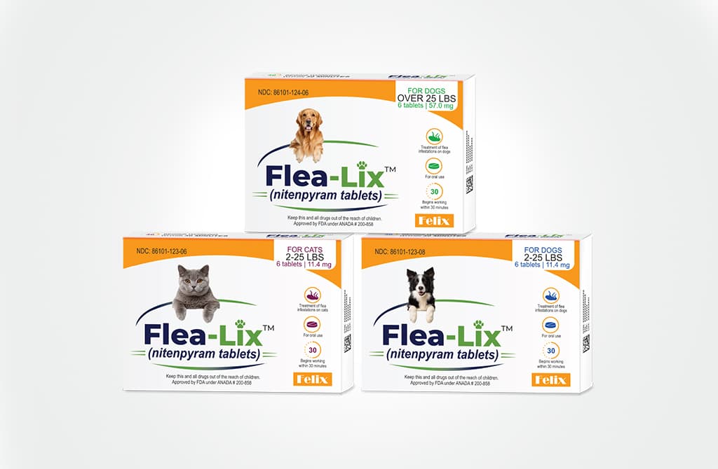 Three orange and white boxes of Flea-Lix (nitenpyram tablets) for treating New World Screwworm in dogs and cats from Felixvet.
